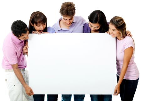 Group friends looking at a banner - isolated over a white background