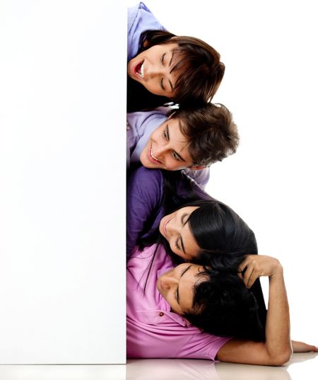 Group people looking at a banner - isolated over a white background