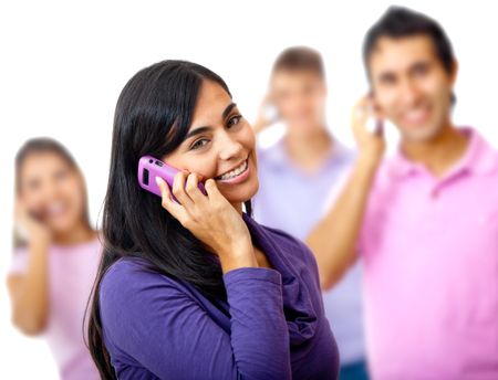 Woman talking on the phone with a group - isolated over a white background