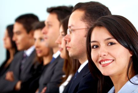 business woman leading a team in an office