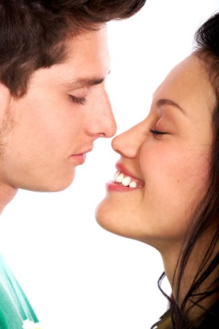couple of lovers in love face to face - isolated over a white background