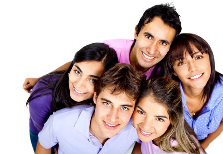 Happy group of young people smiling - isolated over a white background