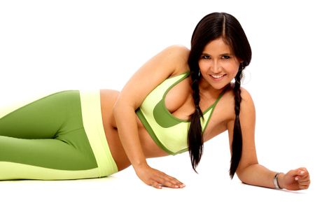 gym girl wearing a green tracksuit  isolated over a white background
