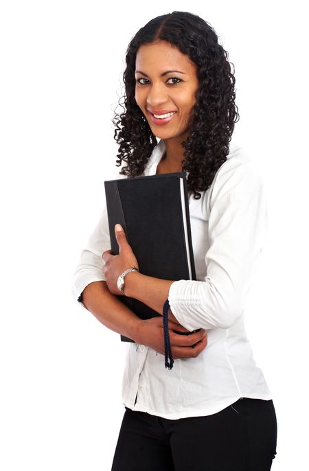 business woman portrait holding a folder - isolated over a white background