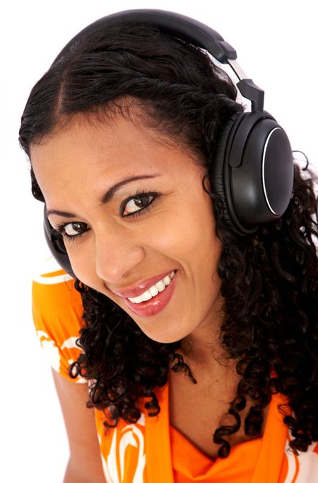 black girl listening to music looking happy over white
