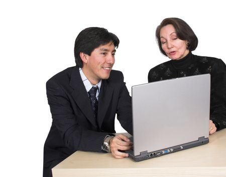 business couple with laptop over white