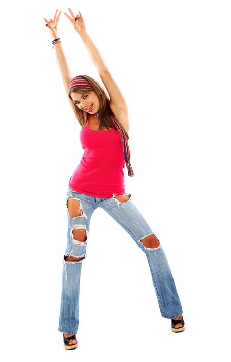 happy casual woman celebrating her success isolated over a white background