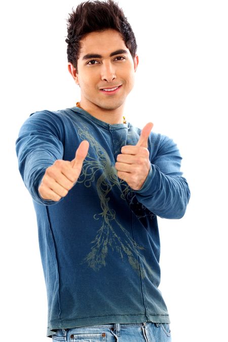 casual man smiling doing the thumbs up sign over a white background