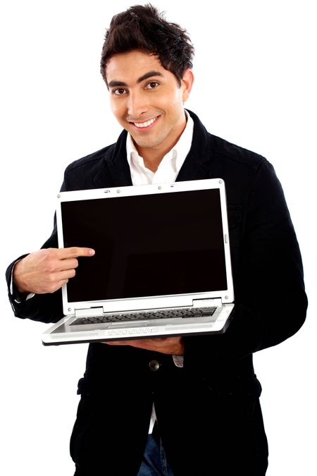 casual man with a laptop computer - isolated over white