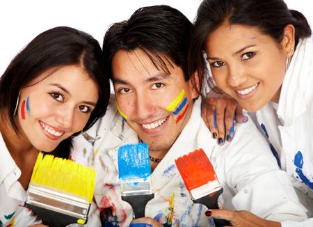 happy friends together with paint brushes isolated over a white background