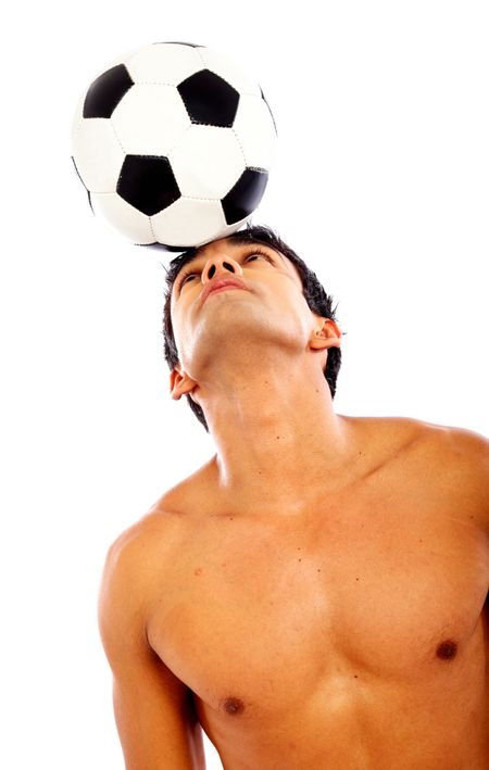 football player with the ball on his head isolated over a white background