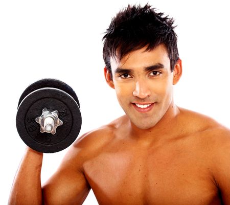 gym man lifting weights isolated over a white background
