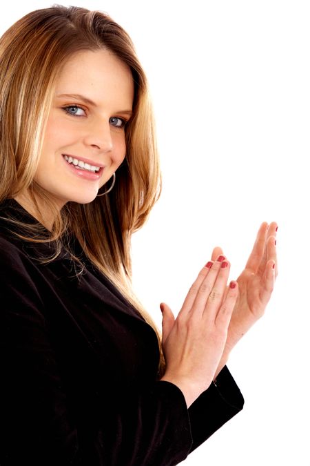 business woman clapping isolated over a white background