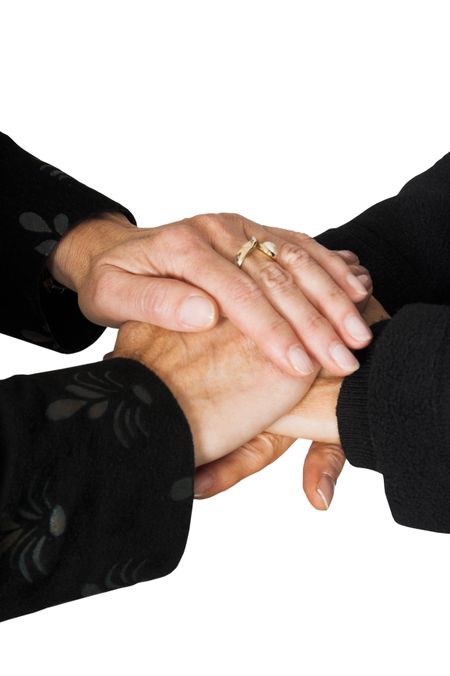business teamwork hands over a white background