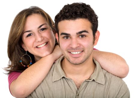 happy young couple portrait smiling isolated over a white background