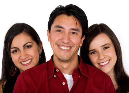happy group of friends smiling isolated over a white background