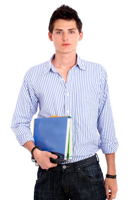 casual student with a notebook - isolated over a white background
