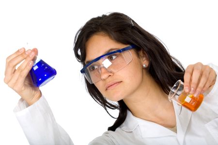 chemist woman with test tubes isolated over a white background