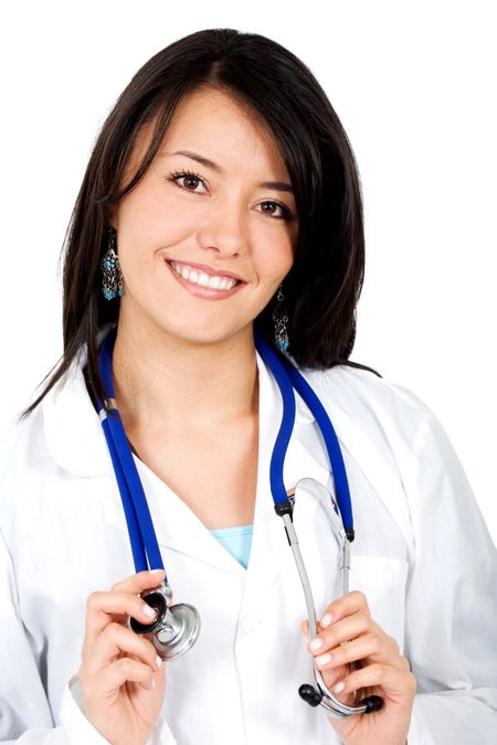 friendly woman doctor smiling isolated over a white background