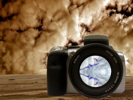 Digital SLR showing a blue sky with a red dramatic sky in the background