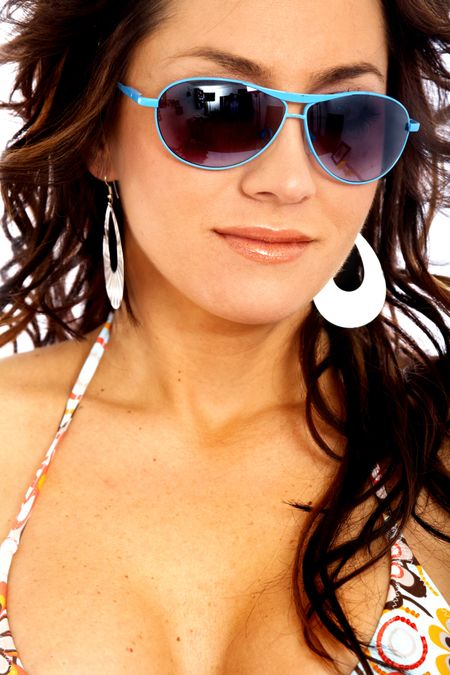 fashion or casual woman portrait wearing sunglasses - isolated over a white background