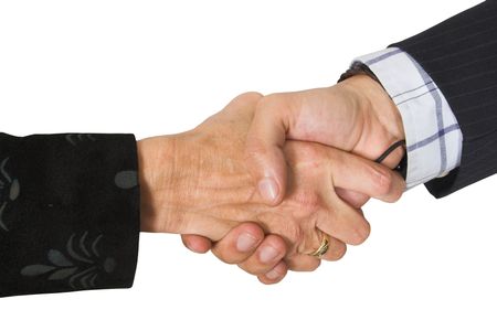 business couple shaking hands over a white background