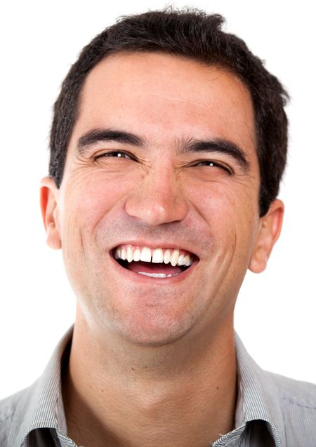 Happy man laughing - isolated over a white background