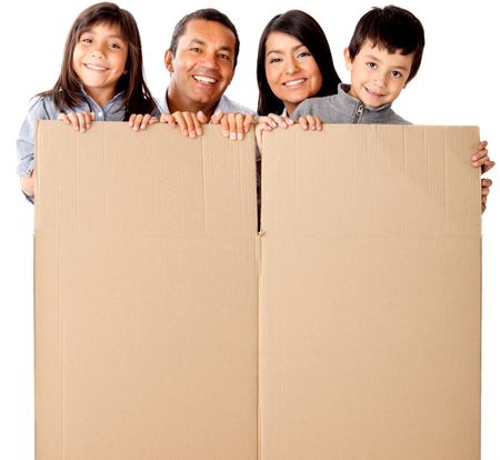 Family packing in cardboard box for the moving - isolated over a white background