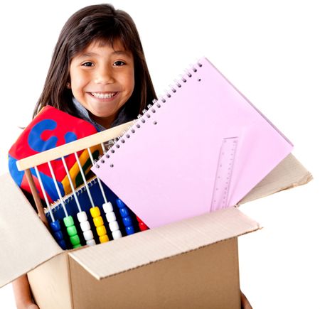 Girl moving house holding a box full of her belongings - isolated