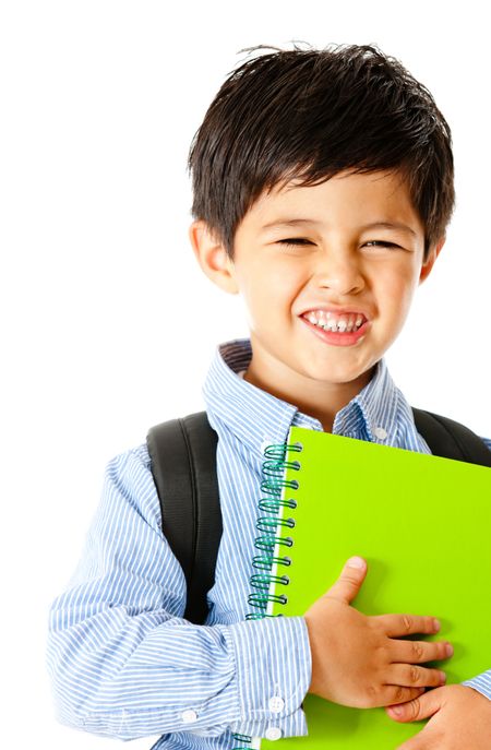 Young student holding notebook - isolated over a white background