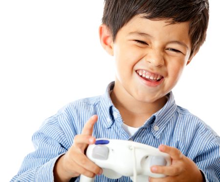 Boy playing video games holding a control - isolated over a white background