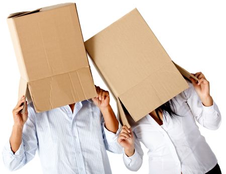 People with cardboard boxes on their heads simulating a crazy moving - isolated