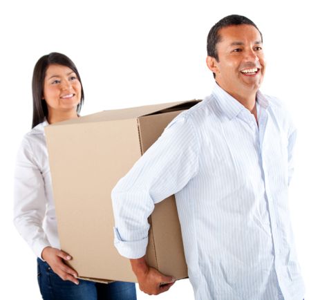 Couple packing in boxes to move house - isolated over a white background
