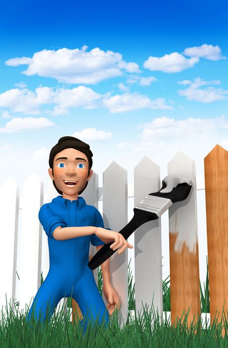 3D man painting the fence - isolated over a white background