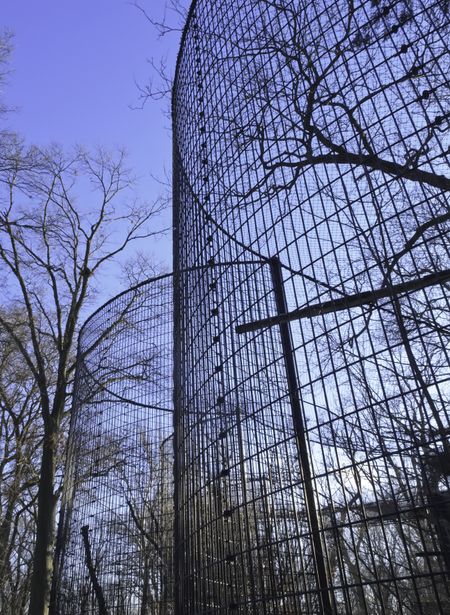 Tall aviaries for raptors at public suburban nature center in winter