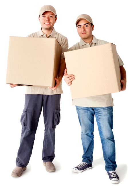 Delivery men carrying boxes - isolated over a white background