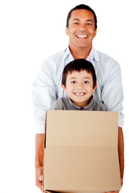 Man moving house and packing his family - isolated over a white background