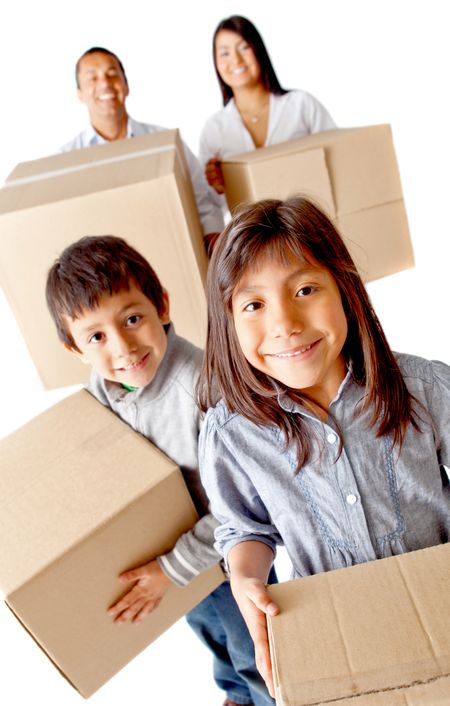 Family packing in boxes for moving home - isolated over a white background