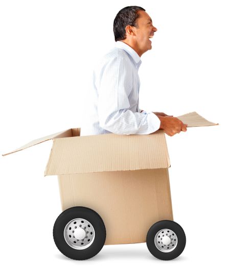 Man in a car made of cardboard box - fast delivery concepts