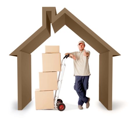 Moving services man with a 3D house - isolated over a white background
