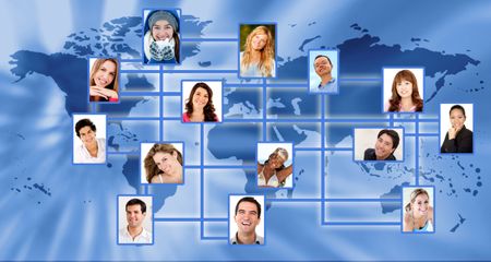 Global social network with the world map and people linked - conceptual image