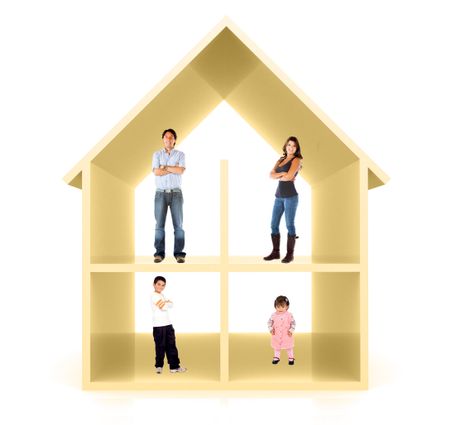 Family in a 3D home illustration - isolated over a white background