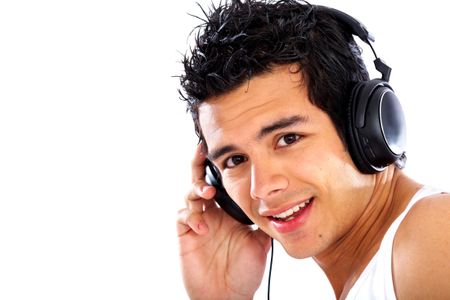 man listening to music smiling and looking happy isolated over a white background