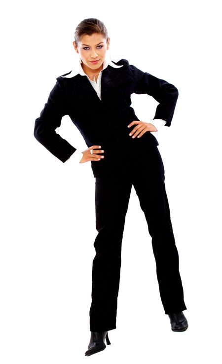 confident business woman standing wearing elegant clothes - isolated over a white background