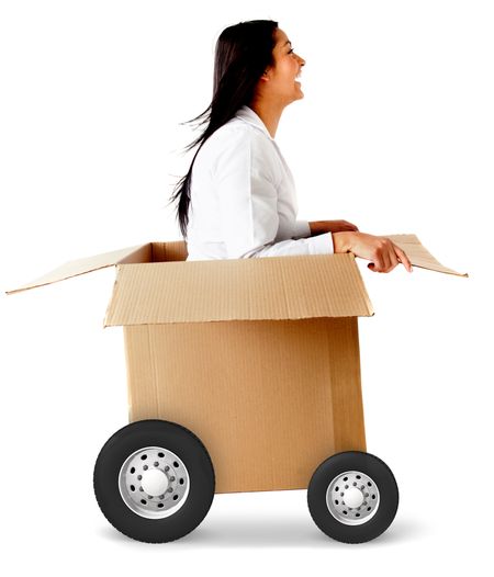 Woman in a car made of cardboard box - fast shipping concepts