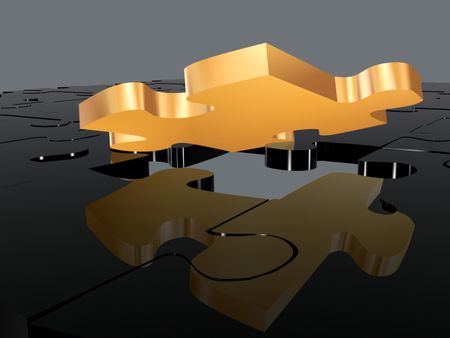 gold puzzle piece in a black puzzle. 3D rendering