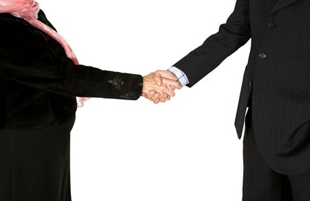 business couple shaking hands over a white background - full bodies