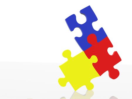 balancing puzzle pieces in primary colours - 3d render