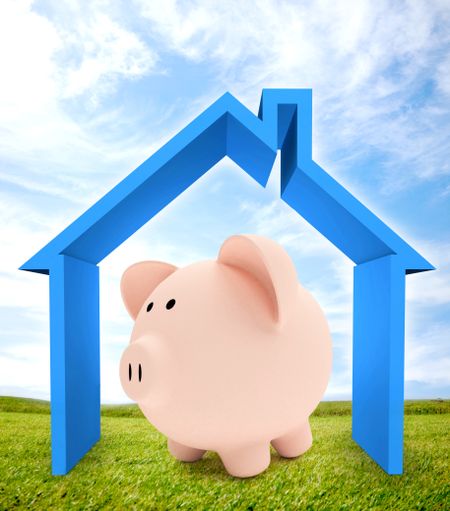 3D conceptual image of a house mortgage with a piggybank