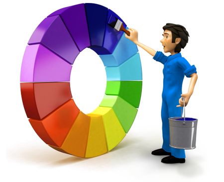 3D male painter with a color chart - isolated over a white background